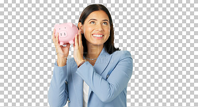 Buy stock photo Investment, piggy bank and woman with savings, budget and profit growth isolated on a transparent background. Economy, person and happy model with money, financial and png with accounting and income