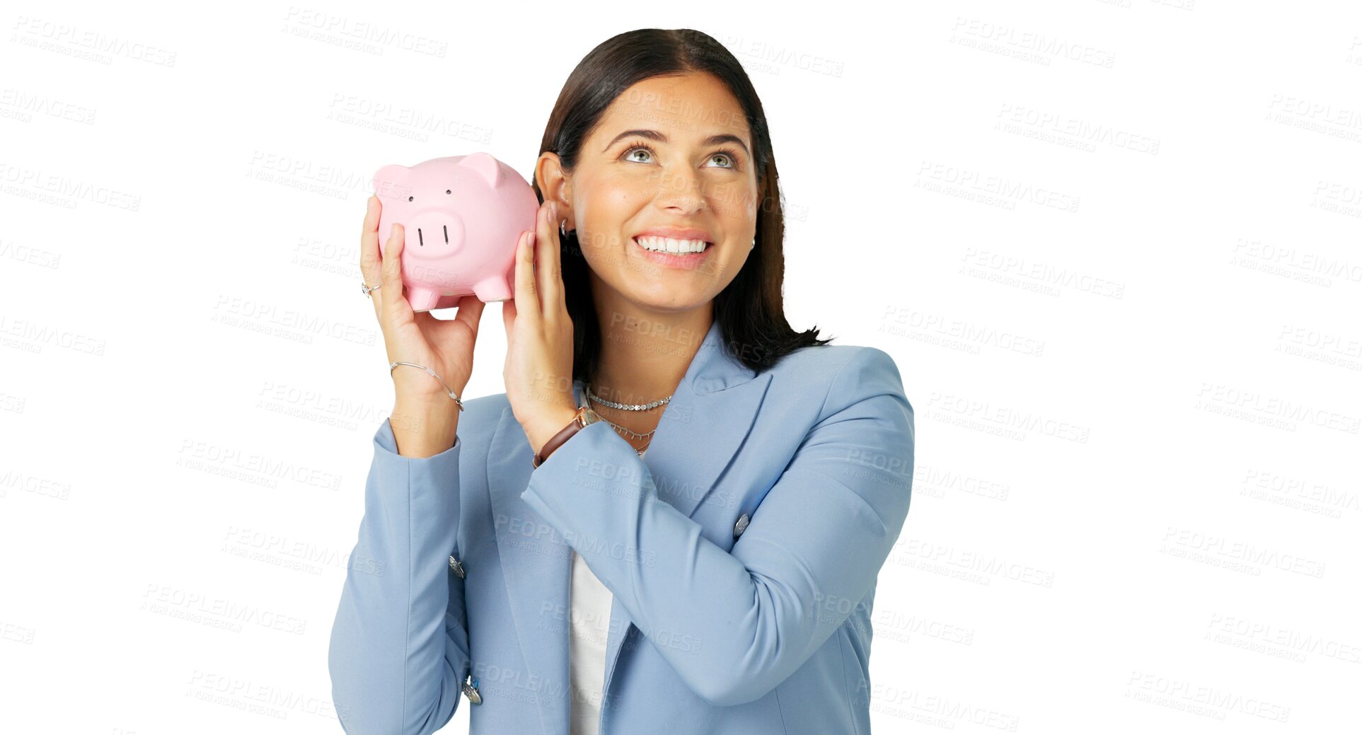 Buy stock photo Investment, piggy bank and woman with savings, budget and profit growth isolated on a transparent background. Economy, person and happy model with money, financial and png with accounting and income