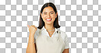 Happy, woman and portrait on green screen while pointing finger at mockup space with apron. Female model with a smile for advertising business or employee choice or special on a studio background