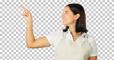 Buy stock photo Pointing finger, advertising and happy waitress woman isolated on a transparent, png background. Deal, sale and female barista with a apron show announcement, marketing and a choice or option on menu