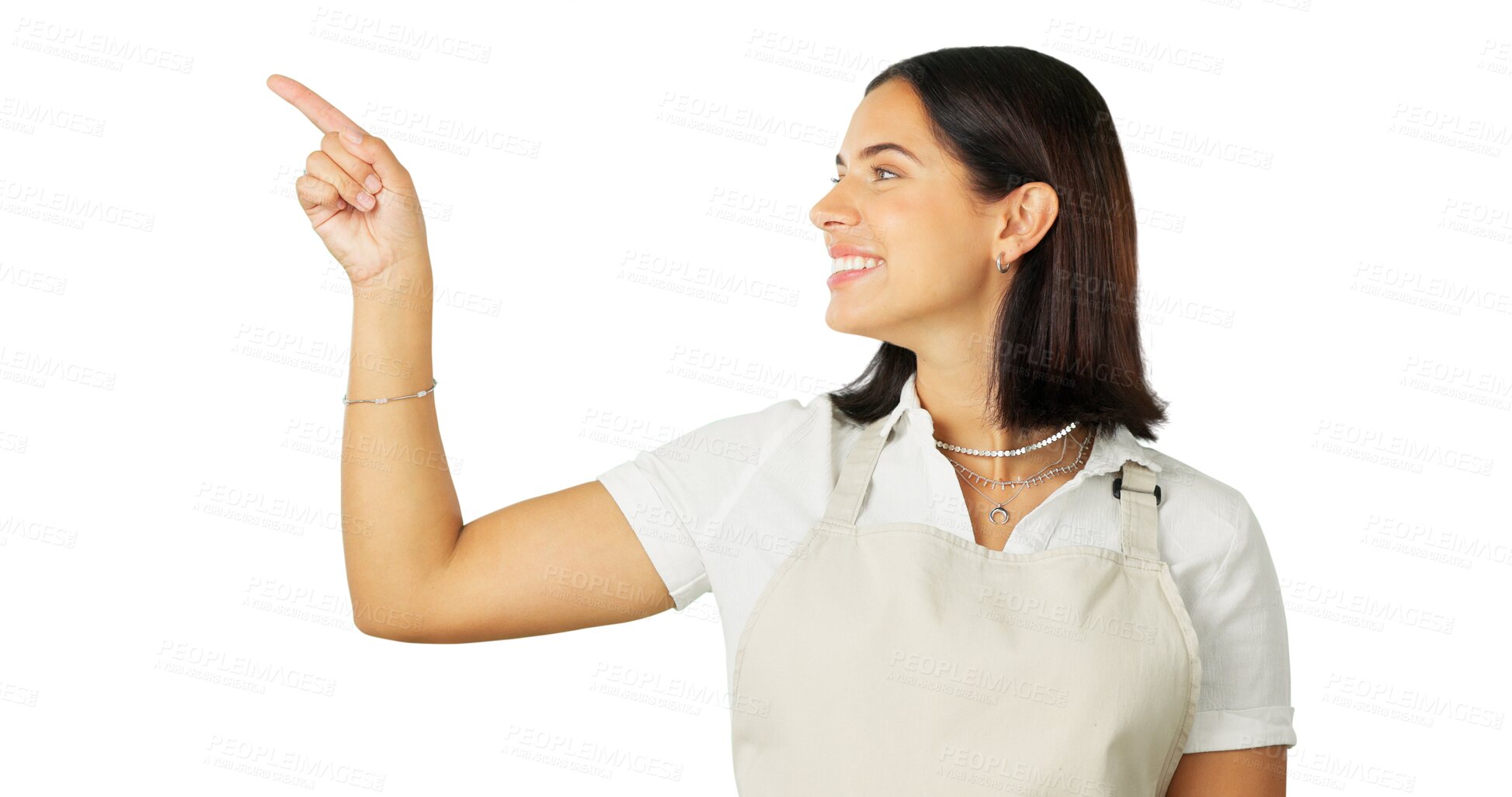 Buy stock photo Pointing finger, advertising and happy waitress woman isolated on a transparent, png background. Deal, sale and female barista with a apron show announcement, marketing and a choice or option on menu