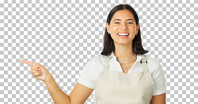 Buy stock photo Portrait, pointing and coming soon with a barista woman isolated on a transparent background. Smile, branding and restaurant information with a happy young female person on PNG for product marketing