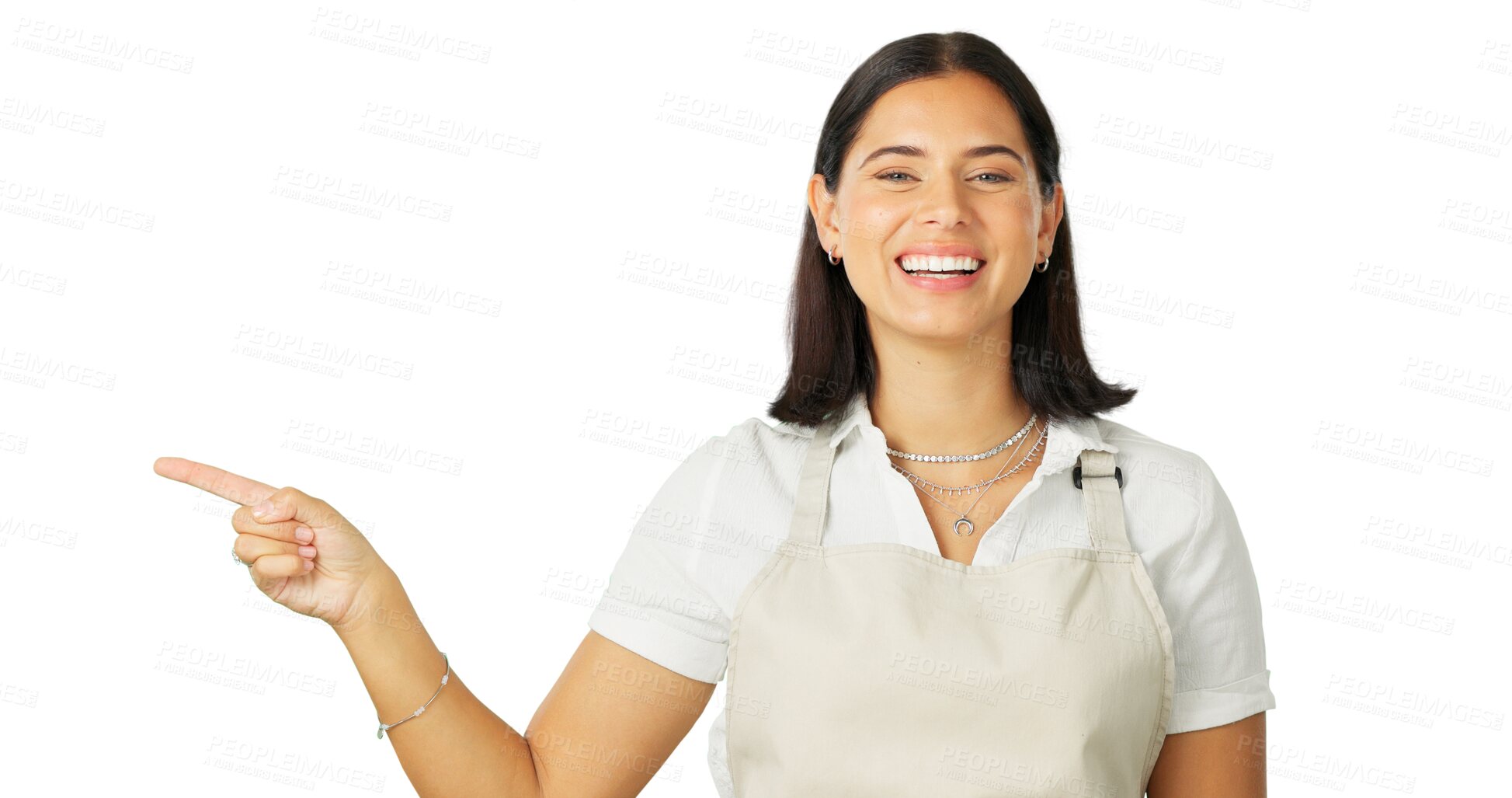 Buy stock photo Portrait, pointing and coming soon with a barista woman isolated on a transparent background. Smile, branding and restaurant information with a happy young female person on PNG for product marketing