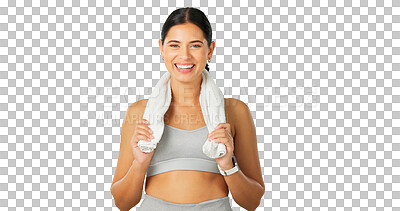 Buy stock photo Happy woman, towel and fitness for exercise, healthy training or intense cardio isolated on a transparent PNG background. Portrait of female person, sports athlete or model with sweat cloth on break