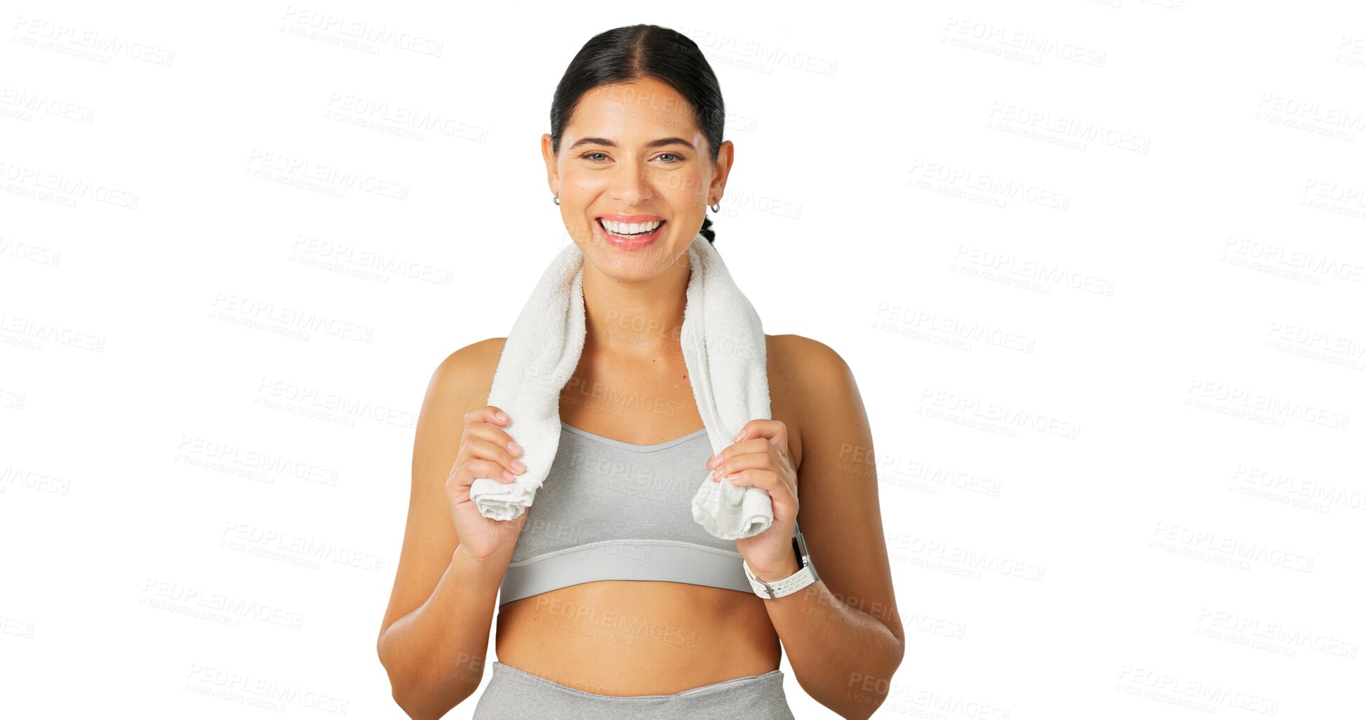 Buy stock photo Happy woman, towel and fitness for exercise, healthy training or intense cardio isolated on a transparent PNG background. Portrait of female person, sports athlete or model with sweat cloth on break