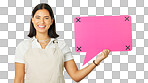 Speech bubble, woman and face with marketing on green screen, mockup space and social media branding. Logo promo, tracking markers and female in portrait with smile, advertising on studio background