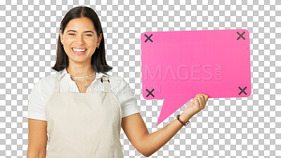 Buy stock photo Poster, happy woman and barista portrait with speech bubble announcement, communication or restaurant sales commercial. Social media, tracking markers and female server on transparent, png background