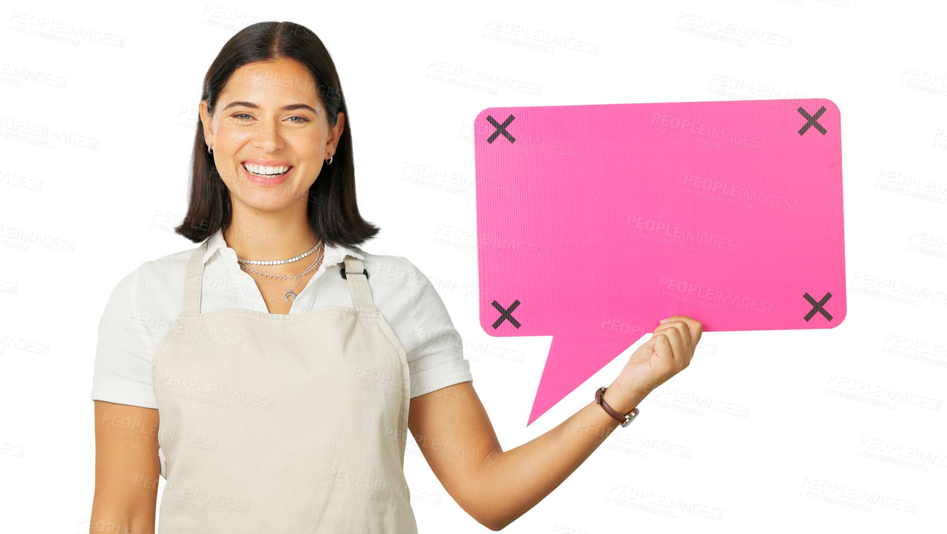 Buy stock photo Poster, happy woman and barista portrait with speech bubble announcement, communication or restaurant sales commercial. Social media, tracking markers and female server on transparent, png background