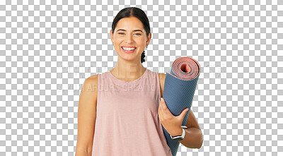 Buy stock photo Happy woman, portrait and yoga with mat for pilates, zen workout or exercise isolated on a transparent PNG background. Female person or yogi smile for spiritual wellness, mindfulness or body fitness