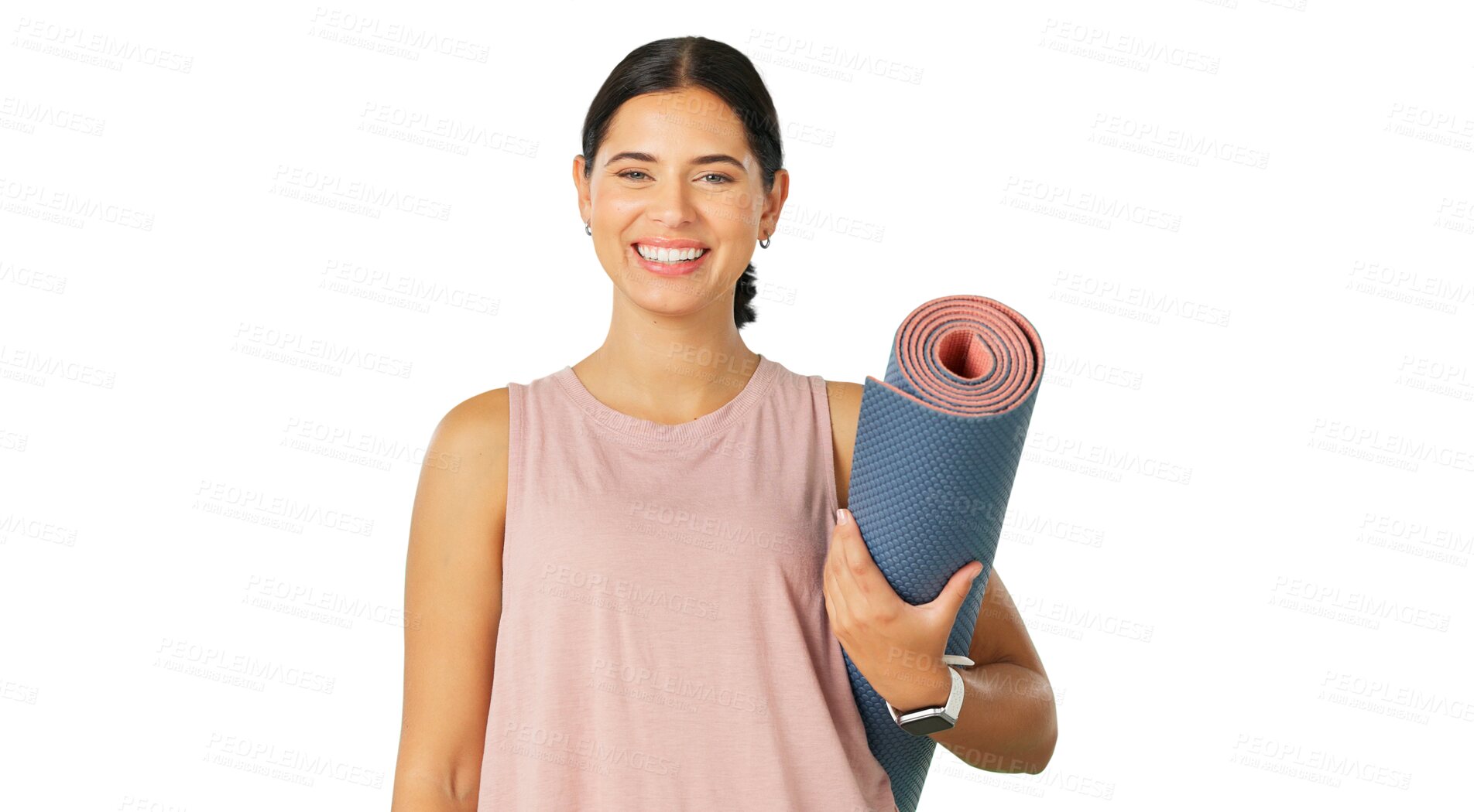 Buy stock photo Happy woman, portrait and yoga with mat for pilates, zen workout or exercise isolated on a transparent PNG background. Female person or yogi smile for spiritual wellness, mindfulness or body fitness