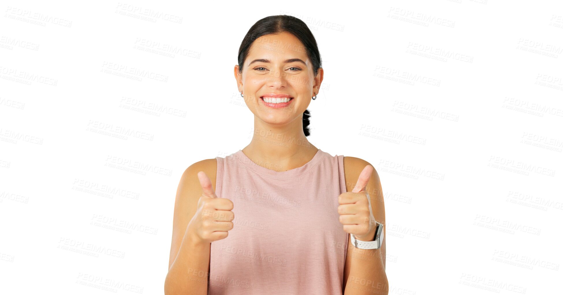 Buy stock photo Happy woman, portrait and thumbs up for fitness, winning or good job isolated on a transparent PNG background. Female person smile with like emoji, yes sign or OK in agreement or approval for workout