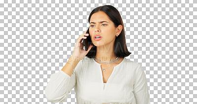 Buy stock photo Phone call, fighting or anger with a woman frustrated while isolated on a transparent background. Mobile, communication and frown with an unhappy young female person arguing in conflict on PNG