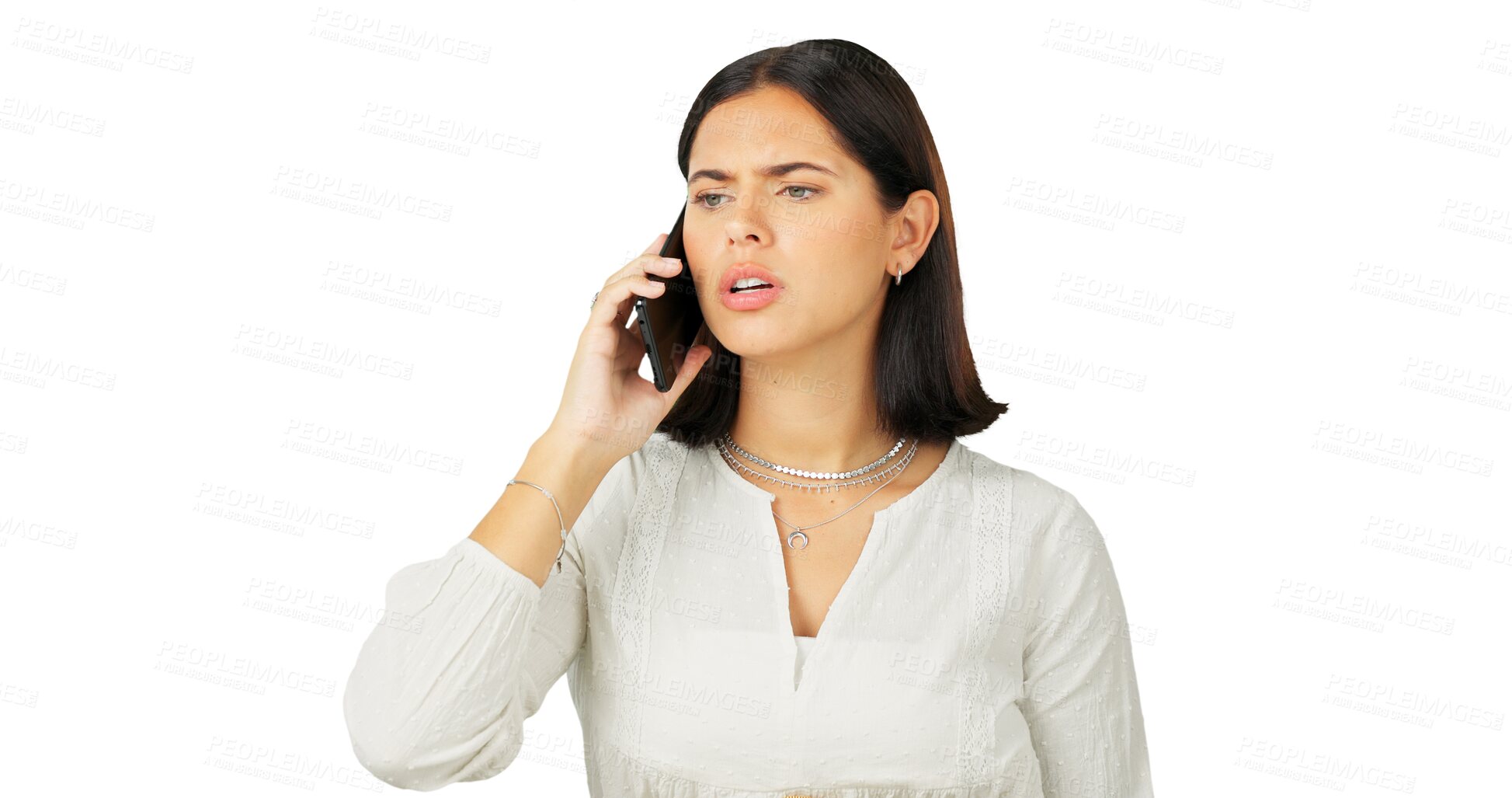 Buy stock photo Phone call, fighting or anger with a woman frustrated while isolated on a transparent background. Mobile, communication and frown with an unhappy young female person arguing in conflict on PNG