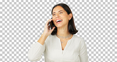 Buy stock photo Woman, phone call and smile on smartphone communication for gossip, funny chat and isolated on transparent png background. Female person, cellphone and laugh for conversation, contact and networking