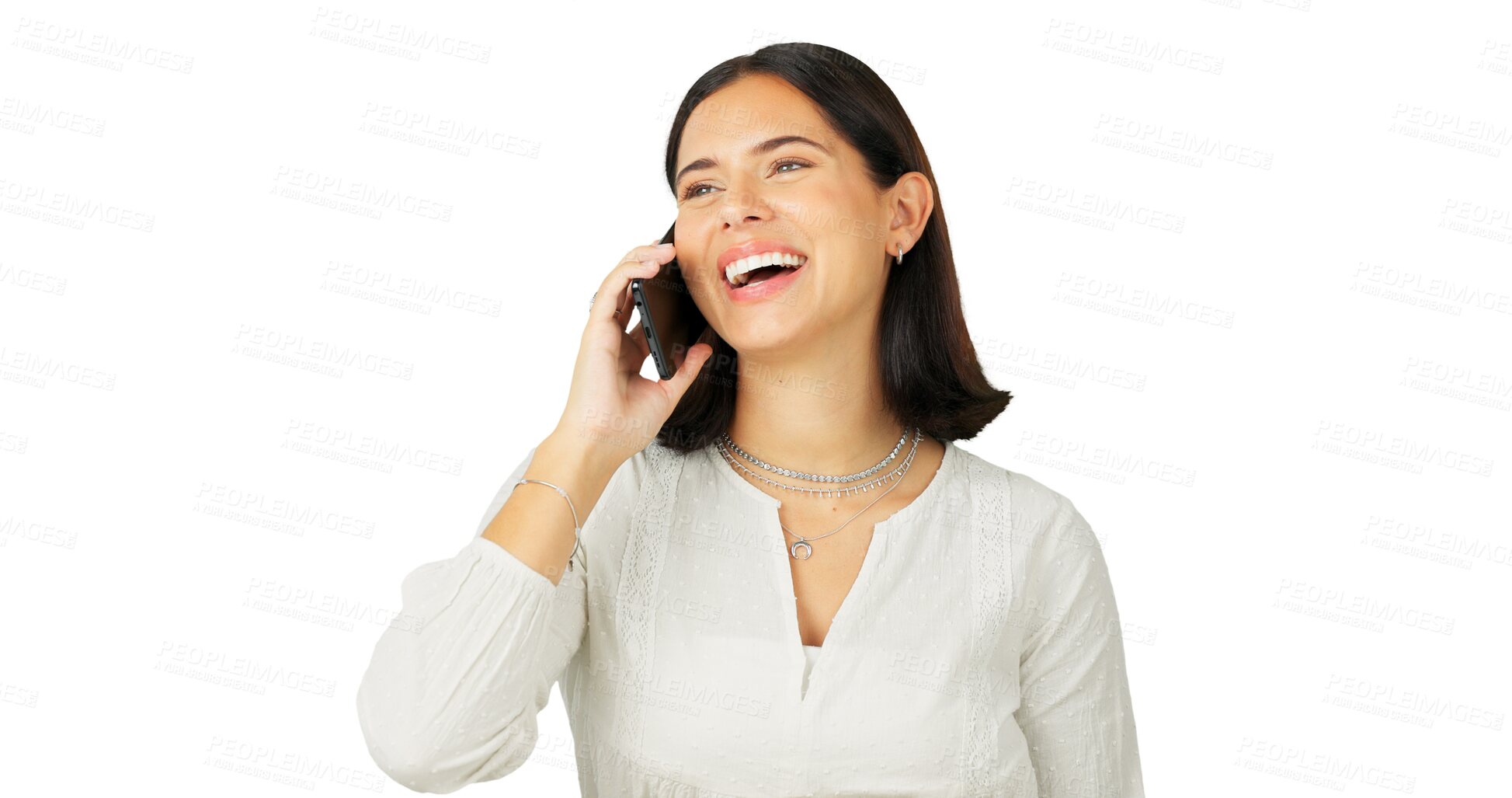 Buy stock photo Woman, phone call and smile on smartphone communication for gossip, funny chat and isolated on transparent png background. Female person, cellphone and laugh for conversation, contact and networking