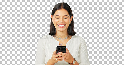 Buy stock photo Woman, smile and typing with phone for contact, funny chat and isolated on transparent png background. Happy model, smartphone user and download mobile app, reading social media notification and meme