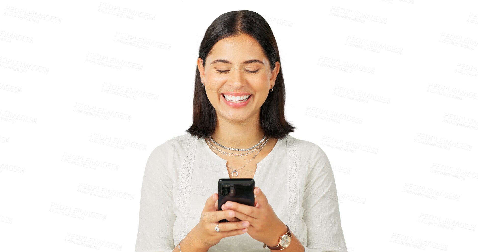 Buy stock photo Woman, smile and typing with phone for contact, funny chat and isolated on transparent png background. Happy model, smartphone user and download mobile app, reading social media notification and meme