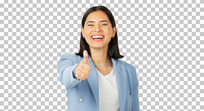 Buy stock photo Thumbs up, portrait and excited business woman isolated on a transparent png background. Face, smile and professional with like hand sign for success, support and agreement, thank you or excellence