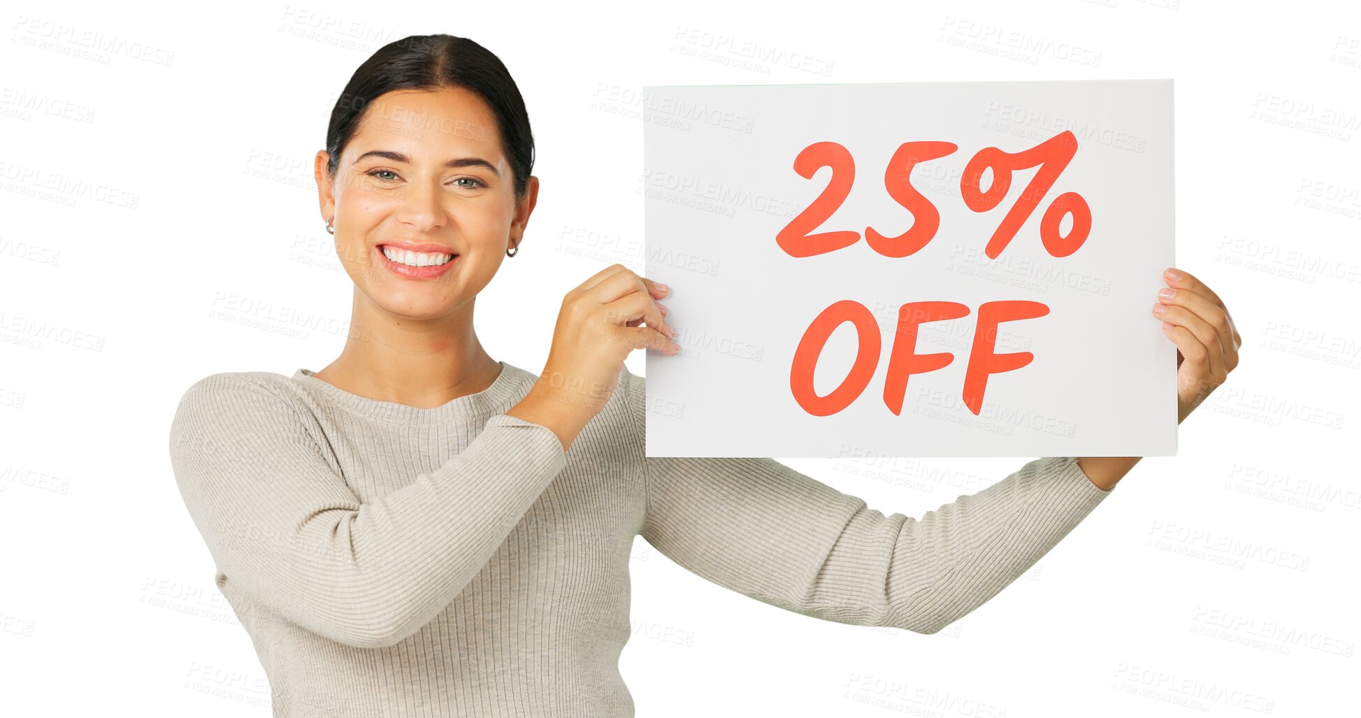 Buy stock photo Discount poster, happy portrait and woman advertising sales, retail promotion or shopping commercial. Customer presentation sign, 25 percent and female brand ambassador on transparent, png background