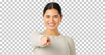 Buy stock photo Portrait, you and a woman pointing while excited for a decision isolated on a transparent background to vote. Opportunity, smile and selection with a happy young female person on PNG for a choice