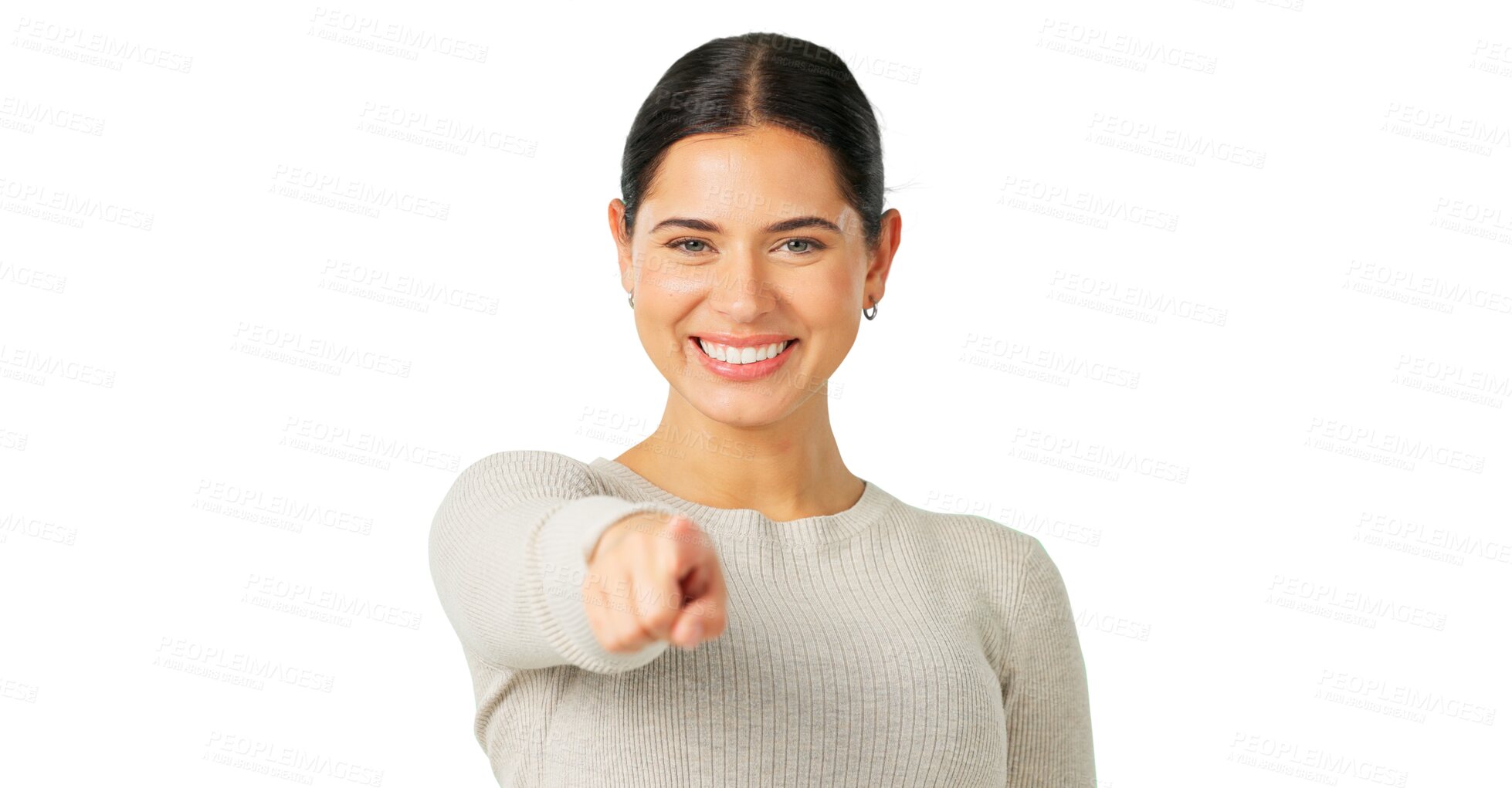 Buy stock photo Portrait, you and a woman pointing while excited for a decision isolated on a transparent background to vote. Opportunity, smile and selection with a happy young female person on PNG for a choice