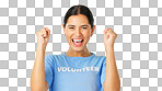 Happy, celebration and portrait of a young woman volunteer cheering for winning or achievement. Happiness, excited and face female model winner from Australia isolated by transparent png background.