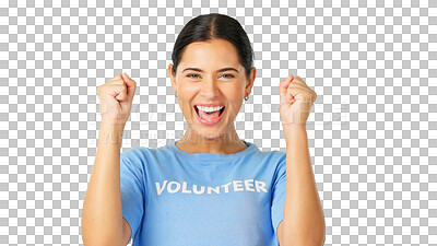 Buy stock photo Happy, celebration and portrait of a woman volunteer cheering for winning or achievement. Charity, excited and face of a model winner with community service isolated by a transparent png background.