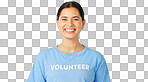 Volunteer, face and happy woman on green screen in studio for community service, help and welfare. Portrait, female model and volunteering for humanitarian project, social care and support of charity