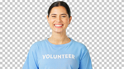 Buy stock photo Volunteer, charity and portrait of a woman for community service, help or welfare. Smile of ngo person for humanitarian project, social care and support isolated on a transparent, png background