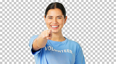 Buy stock photo Volunteer, charity and of a woman pointing at you for community service, help or NGO. Person portrait for accountability, social care and support or choice isolated on a transparent, png background