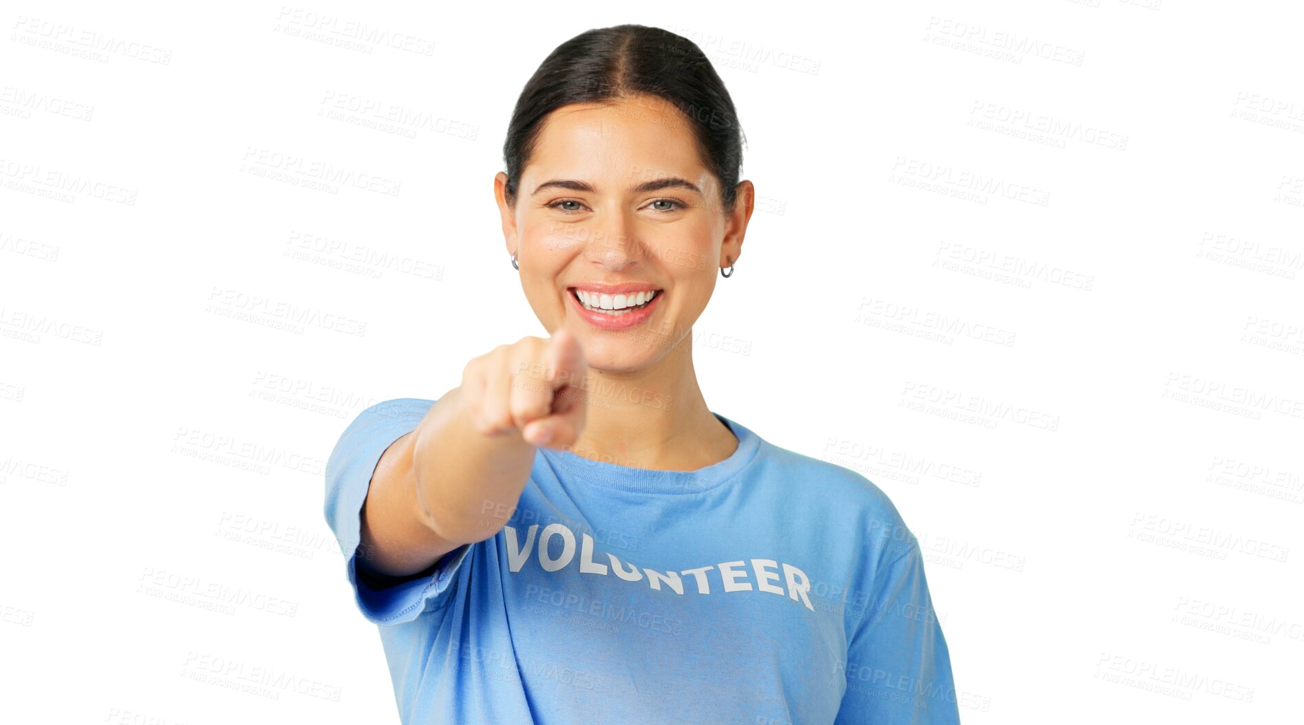 Buy stock photo Volunteer, charity and of a woman pointing at you for community service, help or NGO. Person portrait for accountability, social care and support or choice isolated on a transparent, png background