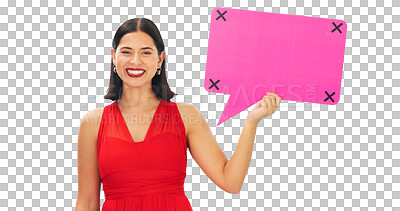 Buy stock photo Isolated woman, speech bubble and portrait with smile, beauty and mockup space by transparent png background. Girl, fashion model and happy with poster, billboard or sign for promo for social media