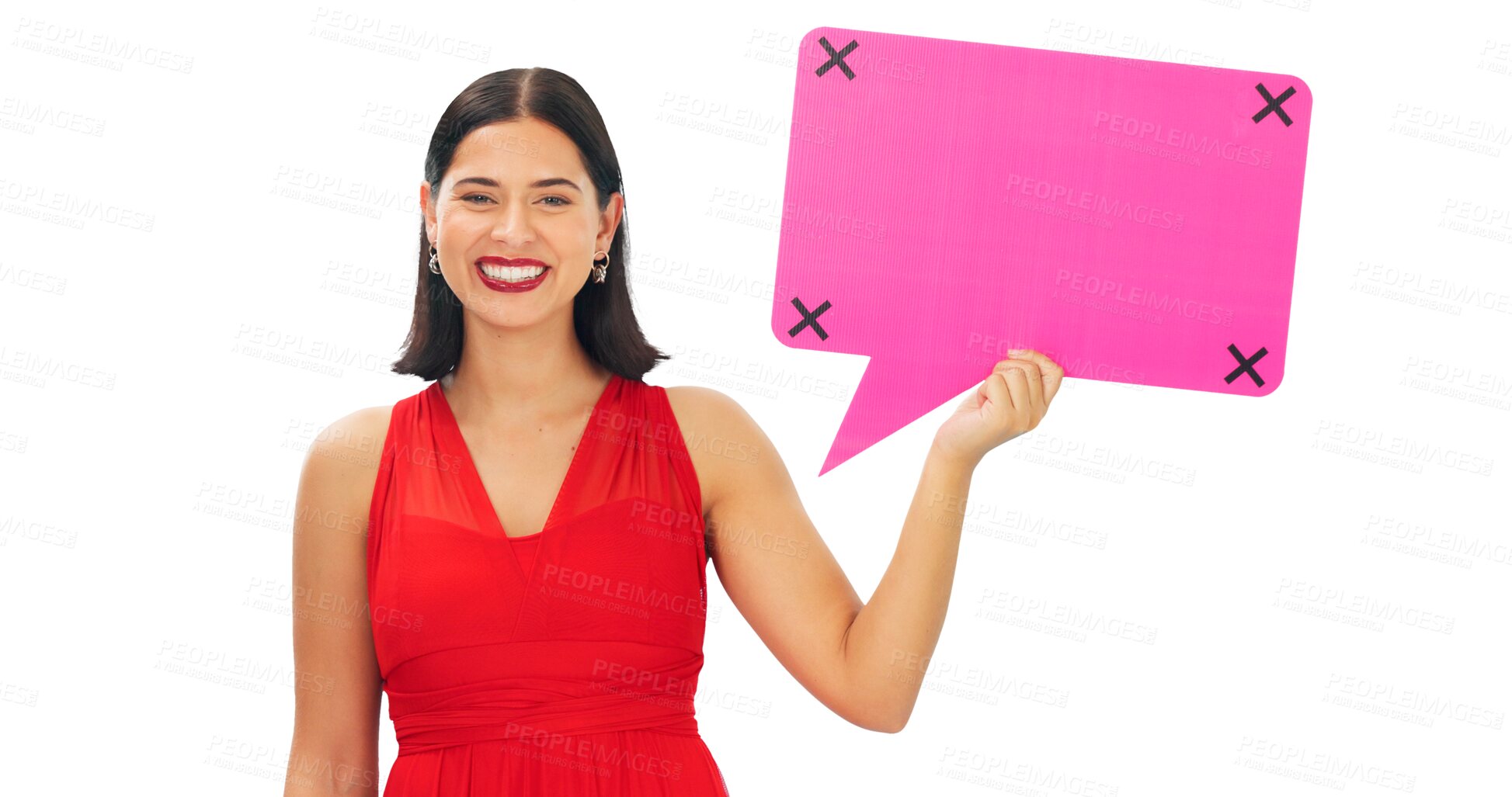 Buy stock photo Isolated woman, speech bubble and portrait with smile, beauty and mockup space by transparent png background. Girl, fashion model and happy with poster, billboard or sign for promo for social media