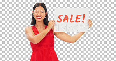 Woman holding sale poster isolated on blue background for retail, shopping or customer discount announcement. Happy face of person with fashion promotion, deal or cardboard sign in studio advertising