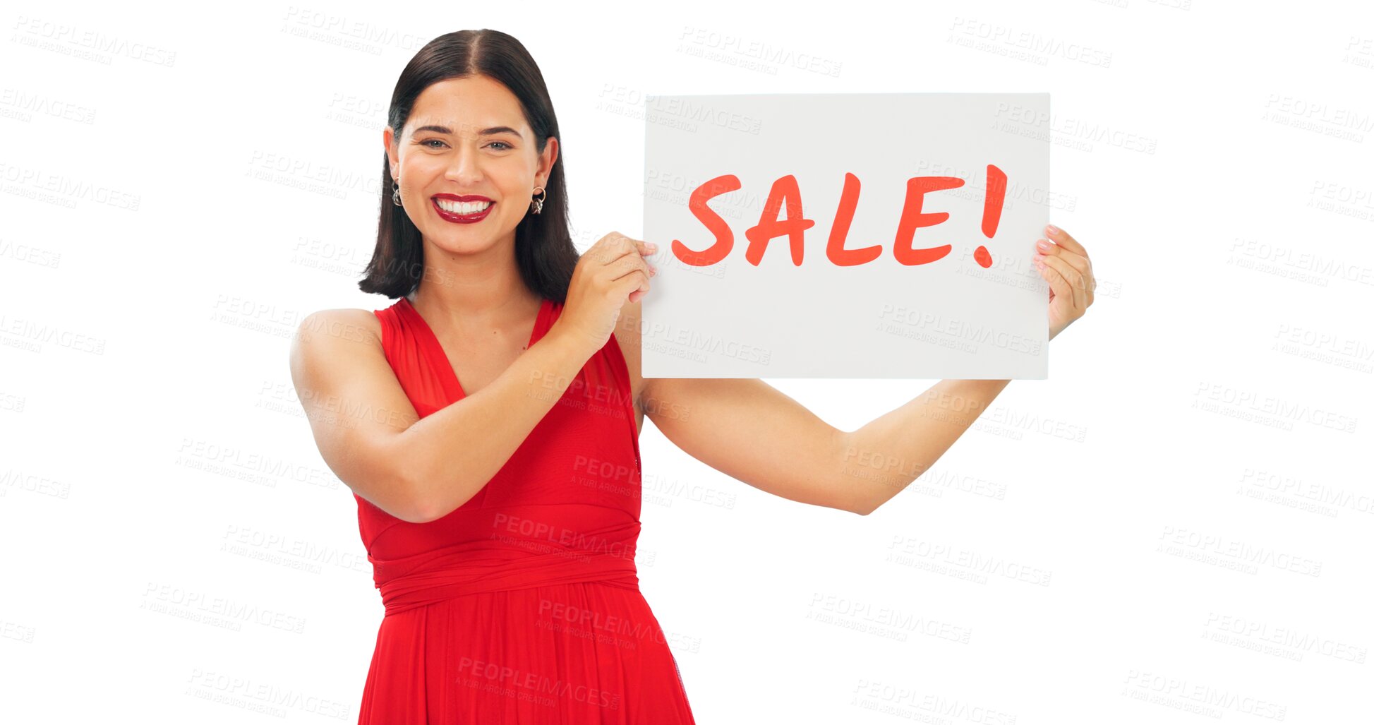 Buy stock photo Paper, portrait and happy woman advertising sales, retail promotion poster or store presentation, offer or choice. Billboard sign, ads banner or female brand ambassador on transparent, png background