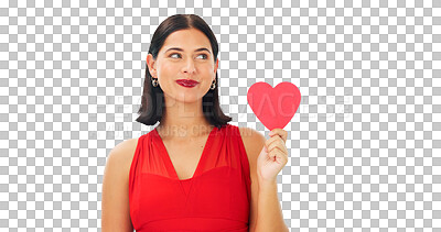 Paper heart, happy woman and face on blue background, studio and backdrop. Portrait of female model in red dress with shape of love, trust and romance for valentines day, flirting and elegant smile