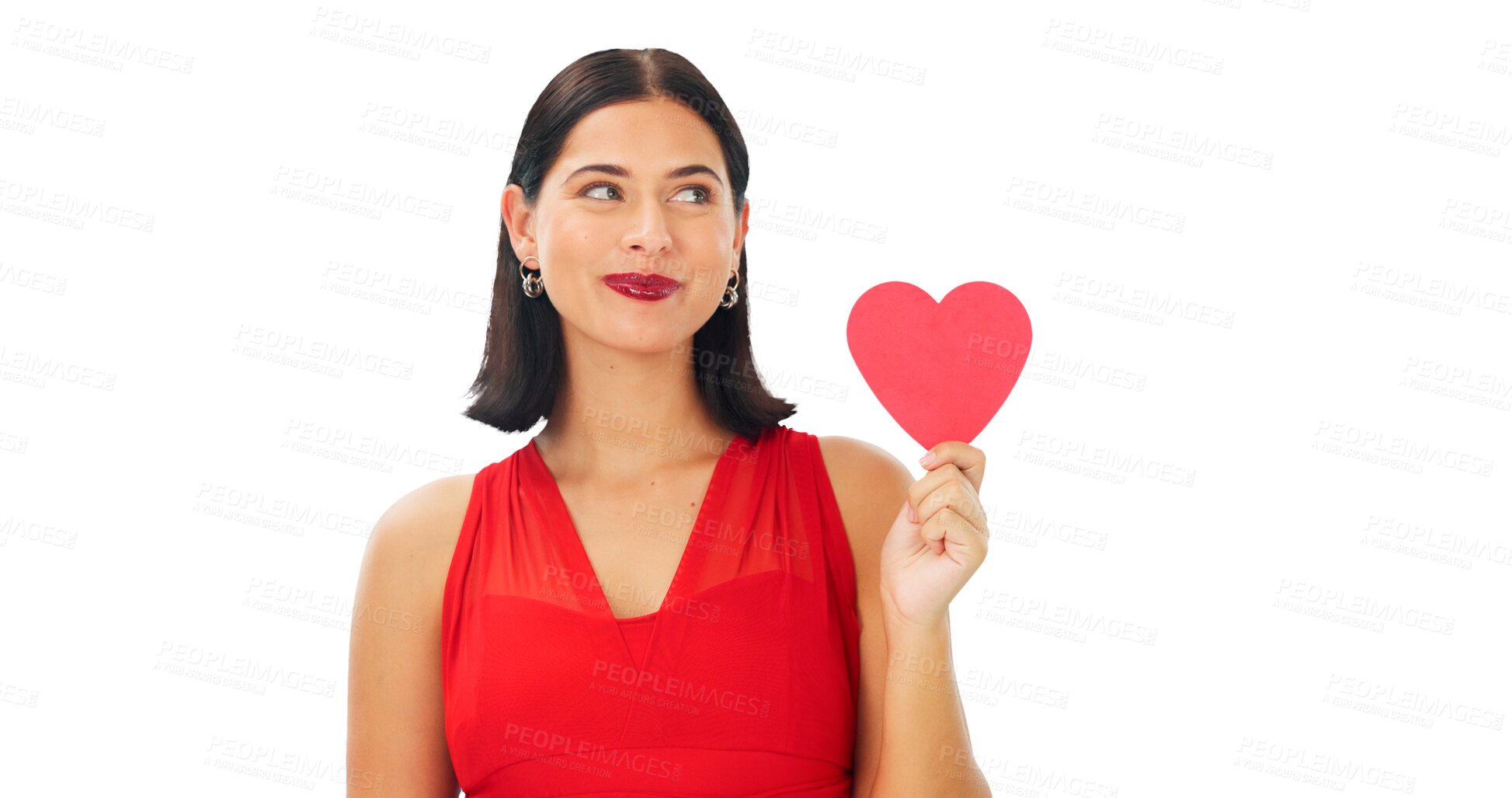 Buy stock photo Woman, red paper heart and smile for love, support and isolated on a transparent png background. Face of female model thinking with emoji sign, shape and icon for romance, kindness and valentines day