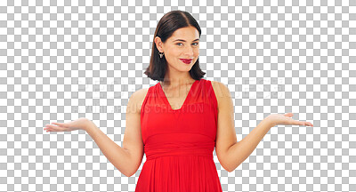 Buy stock photo Decision, comparison and happy woman with choice, option or open palm for marketing or promotion. Portrait, balance and female model with a choose hand gesture isolated by transparent png background.