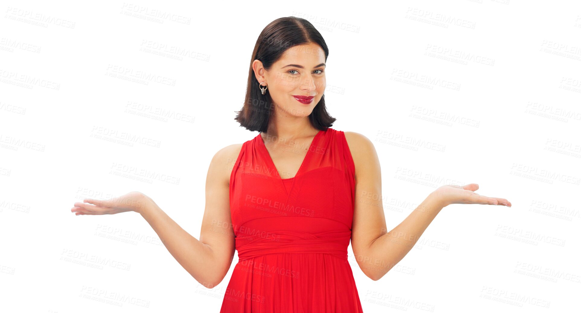 Buy stock photo Decision, comparison and happy woman with choice, option or open palm for marketing or promotion. Portrait, balance and female model with a choose hand gesture isolated by transparent png background.