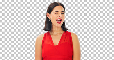 Buy stock photo Wink, emoji and portrait of woman with beauty, makeup and happiness in fashion on transparent, isolated or png background. Flirting, girl and face of model with red lipstick, smile or fun expression