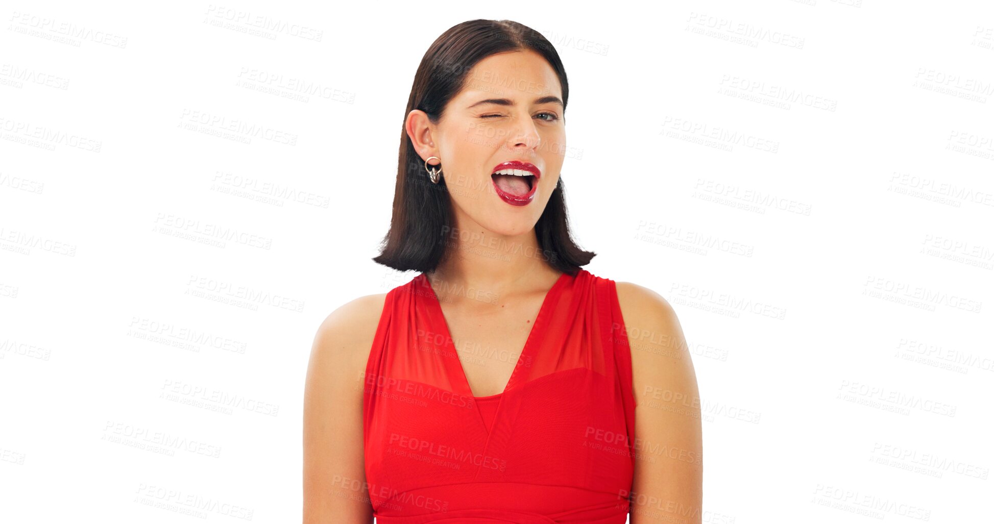 Buy stock photo Wink, emoji and portrait of woman with beauty, makeup and happiness in fashion on transparent, isolated or png background. Flirting, girl and face of model with red lipstick, smile or fun expression