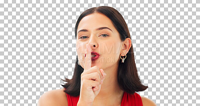 Happy woman, blue background and secret wink of face, finger on lips and privacy. Portrait of female model, silence and quiet smile for gossip, whisper emoji or trust in surprise mystery announcement