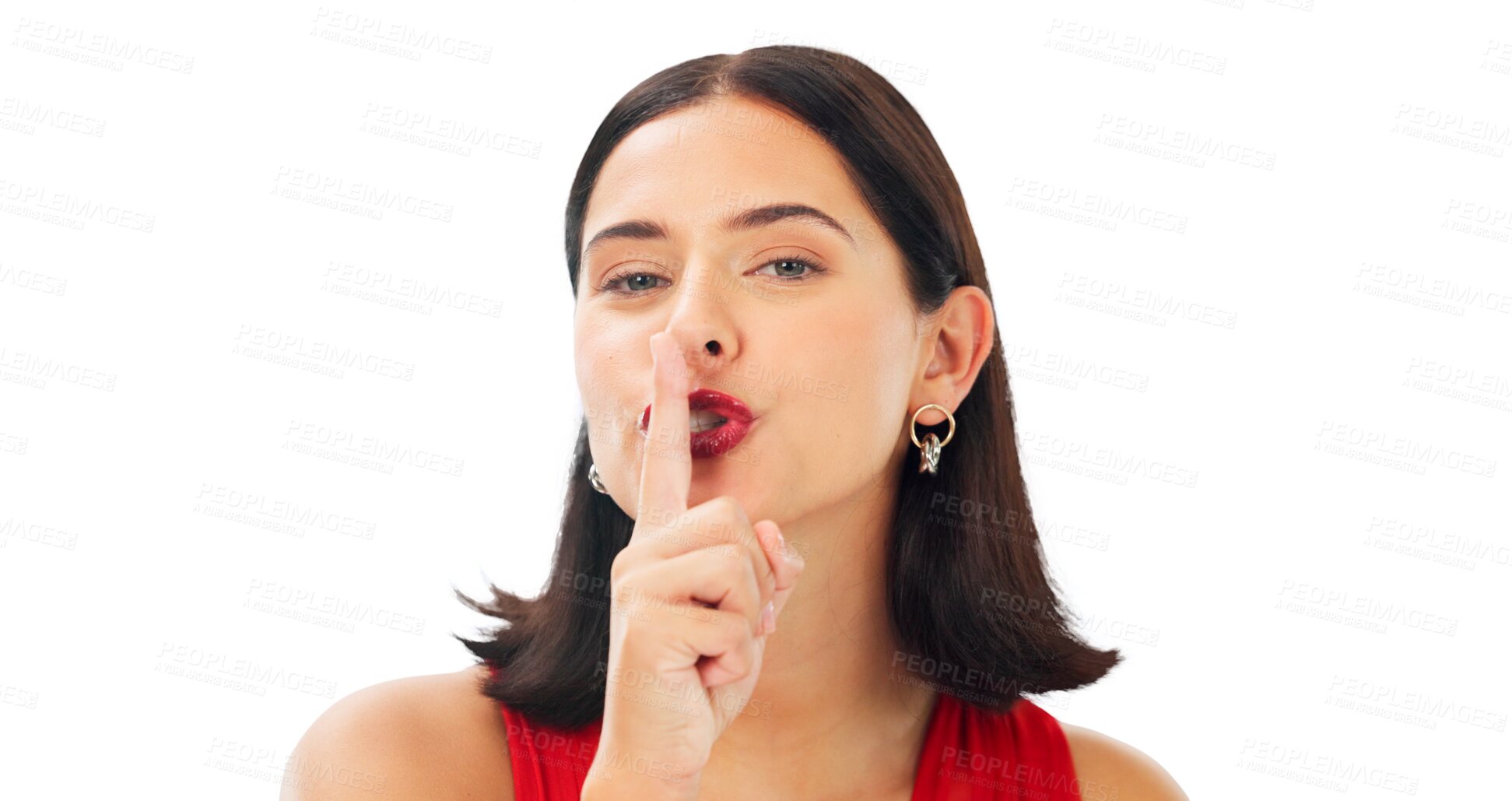 Buy stock photo Secret, portrait and face of woman with finger on lips isolated on transparent png background for privacy, quiet and news. Female model with silence for gossip, whisper emoji or surprise announcement