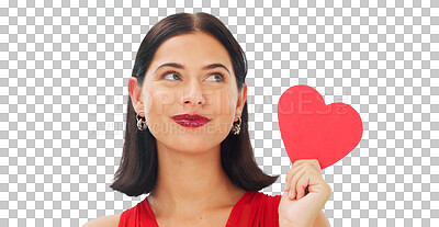 Happy woman, red paper heart and thinking of love, support and isolated on a transparent png background. Face of female model with emoji sign, shape and hope for romance, kindness and valentines day