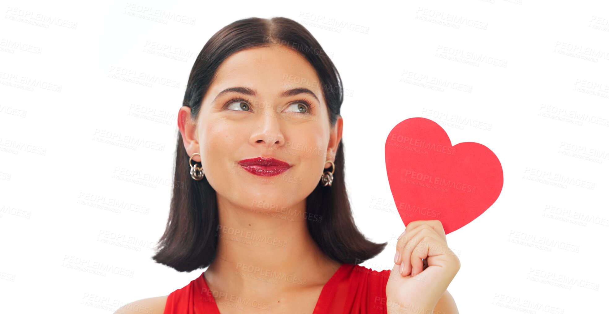 Buy stock photo Happy woman, red paper heart and thinking of love, support and isolated on a transparent png background. Face of female model with emoji sign, shape and hope for romance, kindness and valentines day