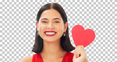 Happy woman, red paper heart and portrait for love, review and isolated on transparent png background. Face of female model with emoji sign, creative shape and support of kindness for valentines day