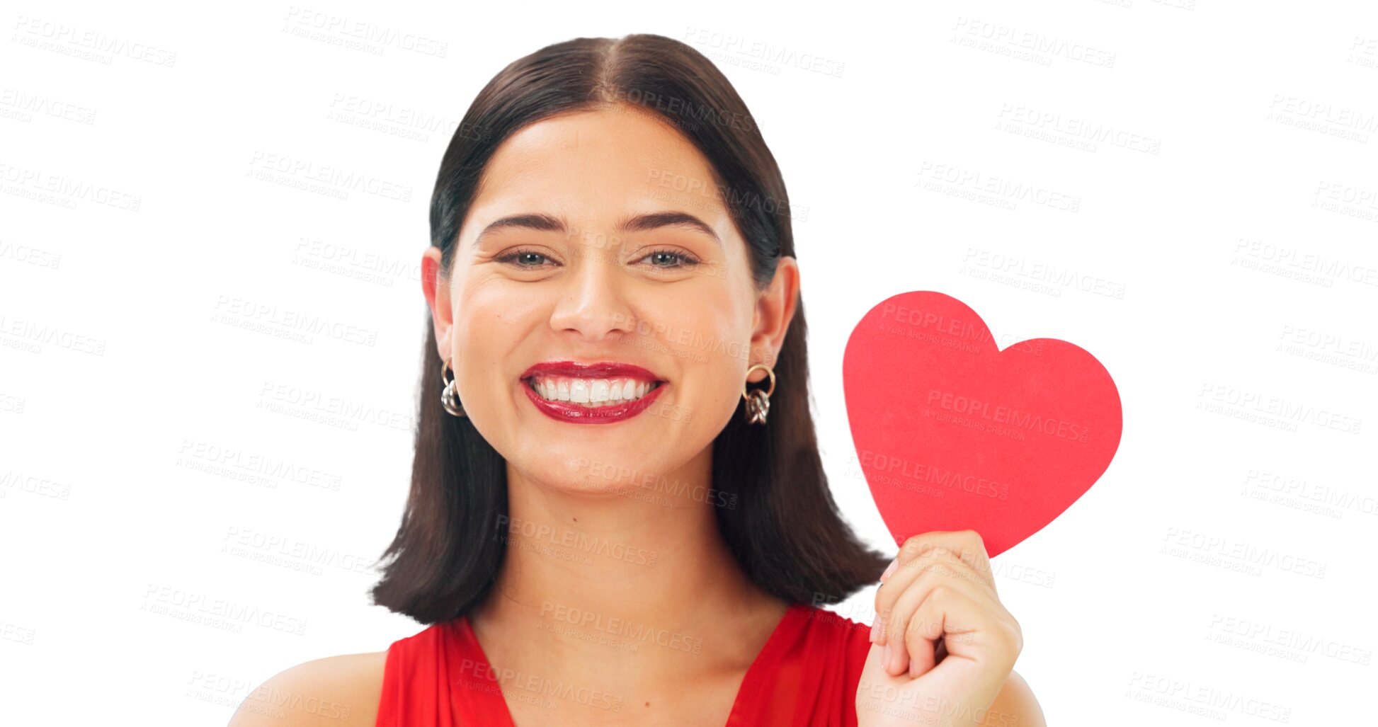 Buy stock photo Happy woman, red paper heart and portrait for love, review and isolated on transparent png background. Face of female model with emoji sign, creative shape and support of kindness for valentines day