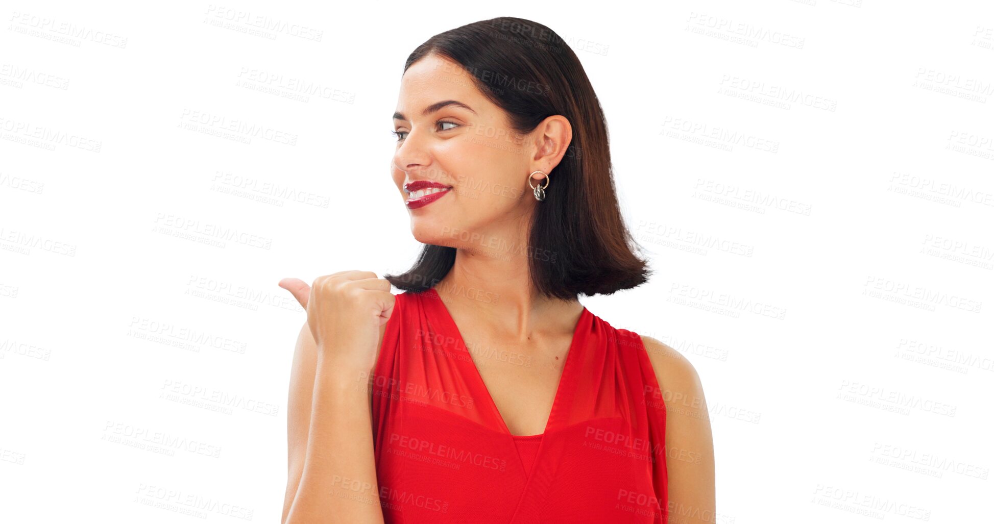 Buy stock photo Woman, pointing and promotion with beauty, makeup and smile for choice of cosmetics on transparent, isolated or png background. Happy, face and girl show announcement, offer and decision in fashion