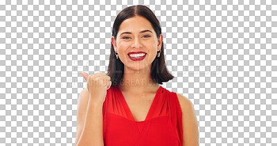 Buy stock photo Portrait, pointing and woman with beauty, smile and opportunity isolated on a transparent background. Face, female person and model with hand gesture, decision and choice with png and announcement