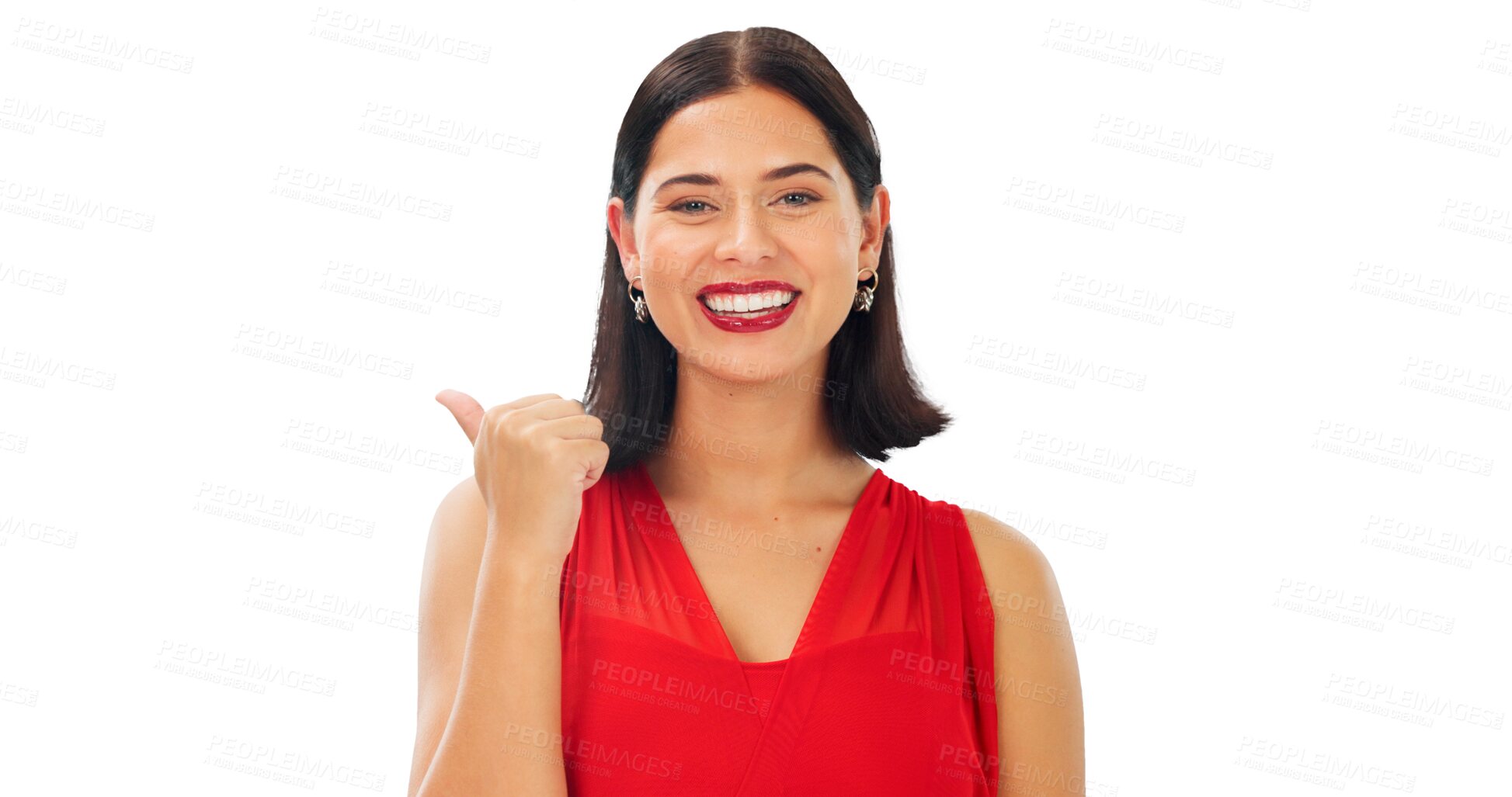 Buy stock photo Portrait, pointing and woman with beauty, smile and opportunity isolated on a transparent background. Face, female person and model with hand gesture, decision and choice with png and announcement